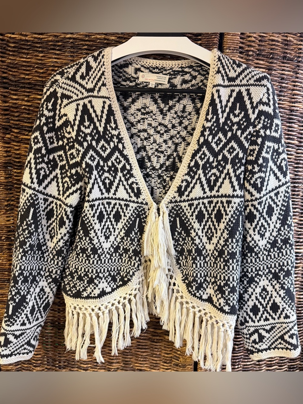 Odd Molly Black & Cream Geometric Fringe Cardigan, Size:4 (XL)